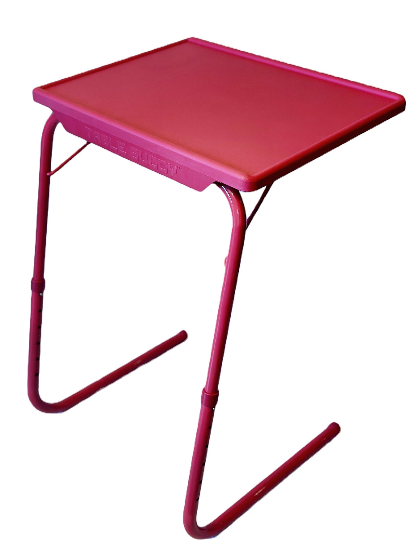 Adjustable multi-position portable folding table in pink color with a rectangular tabletop and steel frame.